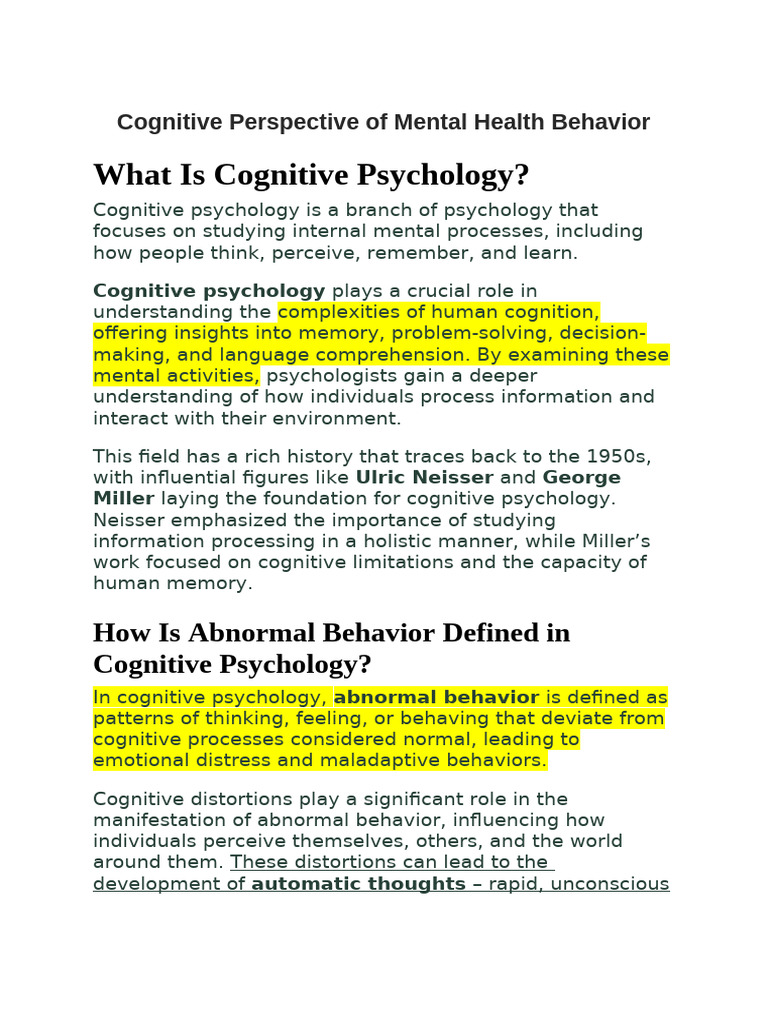 Cognitive Insights on Abnormal Behavior | PDF | Cognitive Behavioral ...