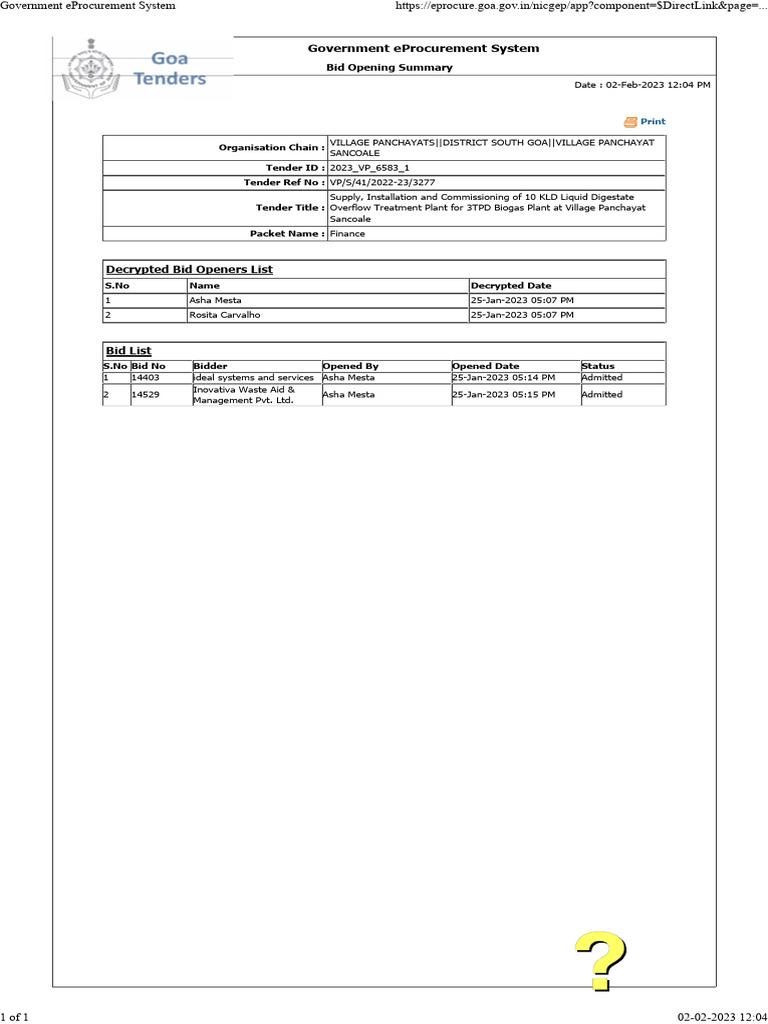 Bid Opening Summary for Sancoale Tender | PDF | Procurement | Supply ...