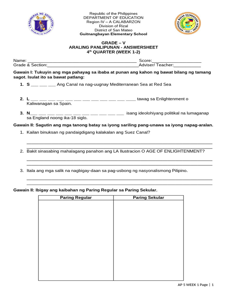 4th Quarter-AP 5-Learning Activity Sheets | PDF