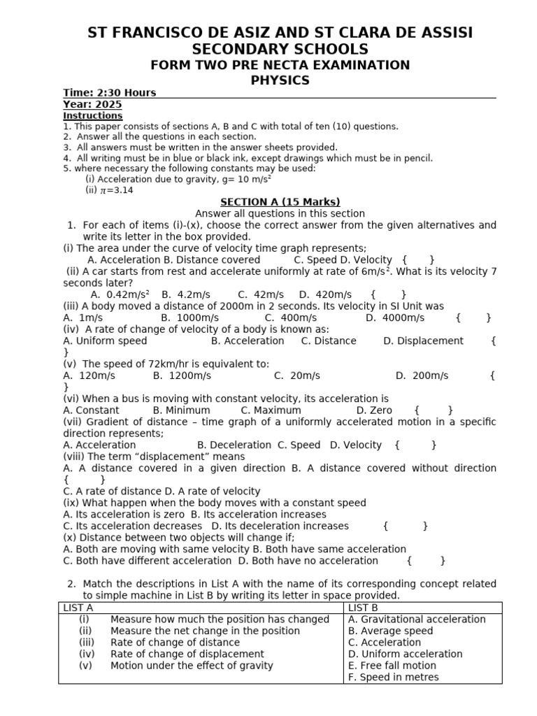 Form Two Physics NECTA Exam 2025 | PDF | Acceleration | Velocity