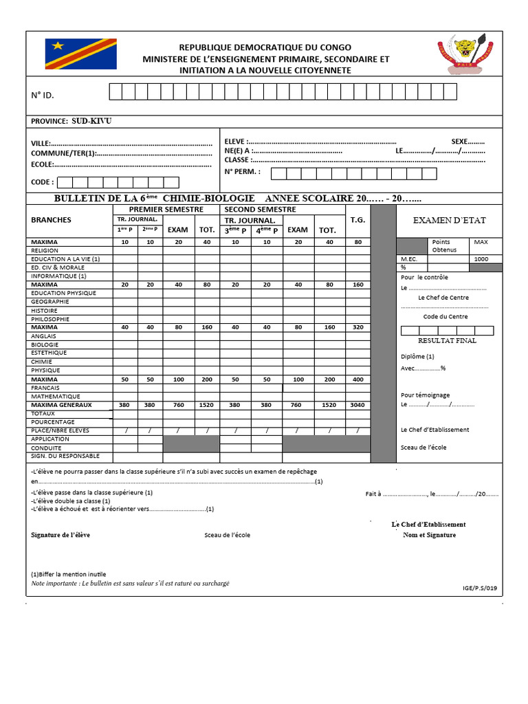 Bulletin scolaire RDC 6ème année | PDF
