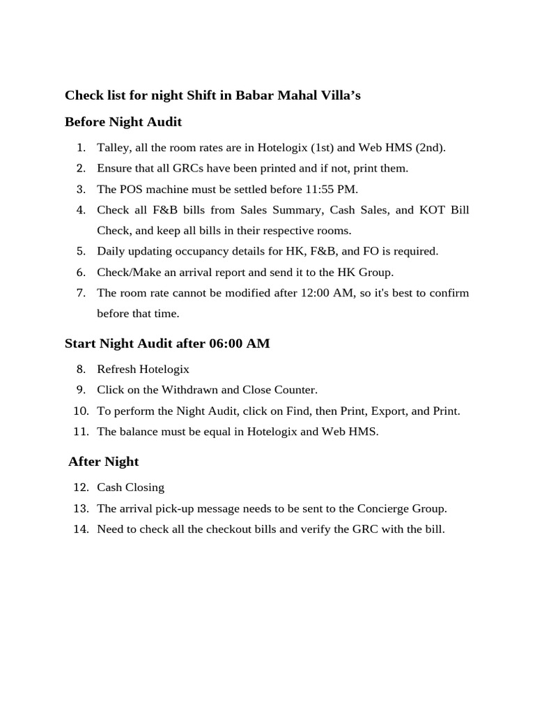 Check List For Night Shift in Babar Mahal Villa | PDF