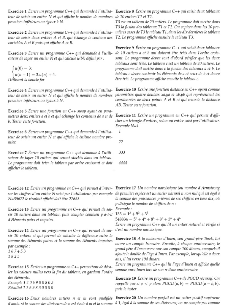 Exercices de programmation C++ variés | PDF | C ++ | Mathématiques
