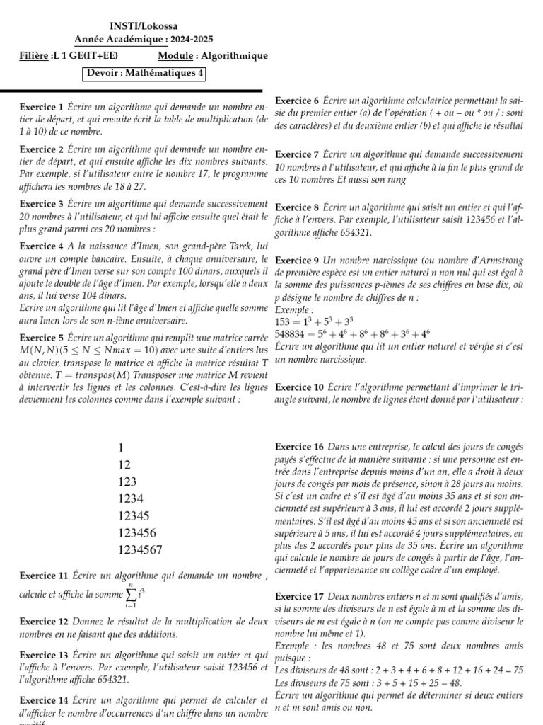 Exercices d'Algorithmique en Mathématiques | PDF | Nombre | Entier naturel