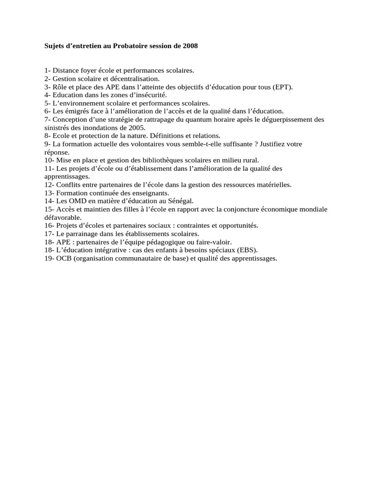 Sujets d'entretien Probatoire 2008 Éducation | PDF