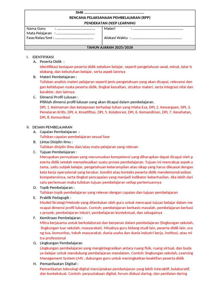 RPP Deep Learning untuk SMK 2025/2026 | PDF