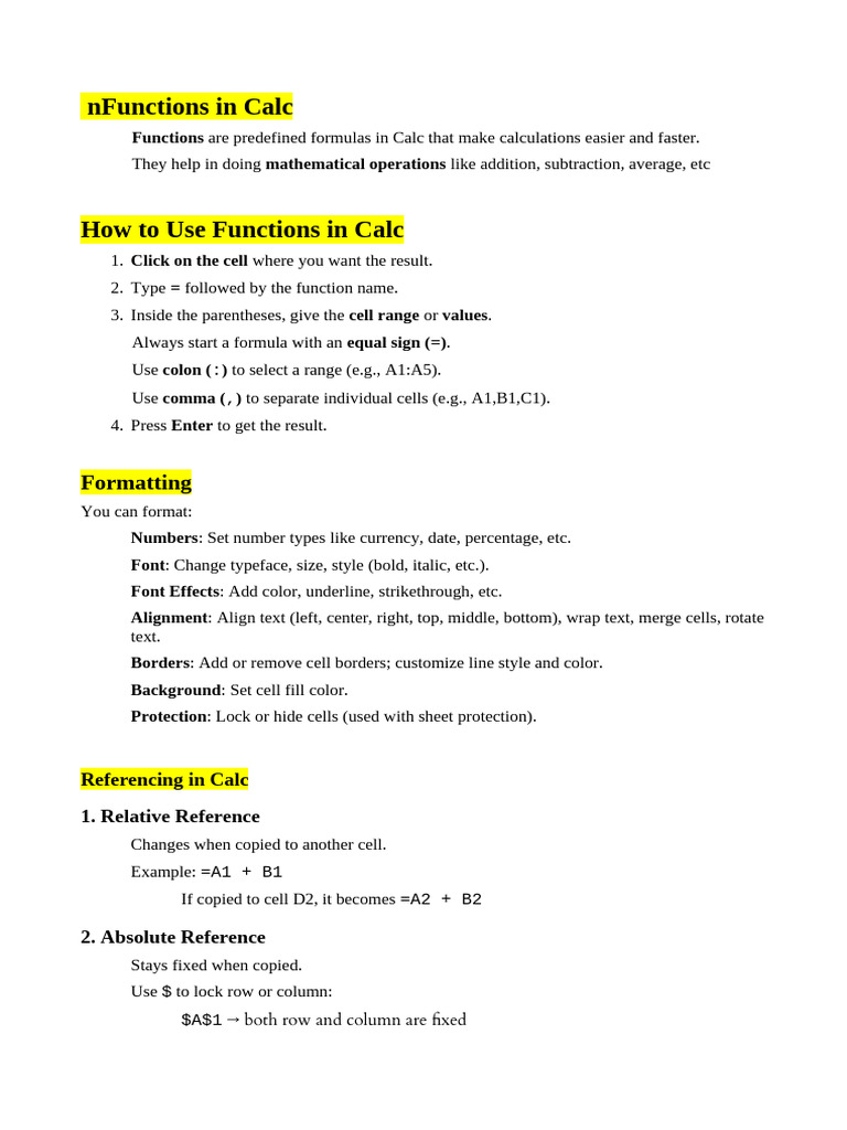 Functions and Formatting in Calc | PDF