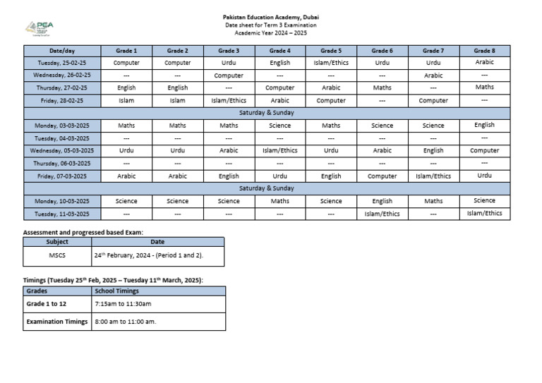 Term 3 Exam Schedule 2025 | PDF
