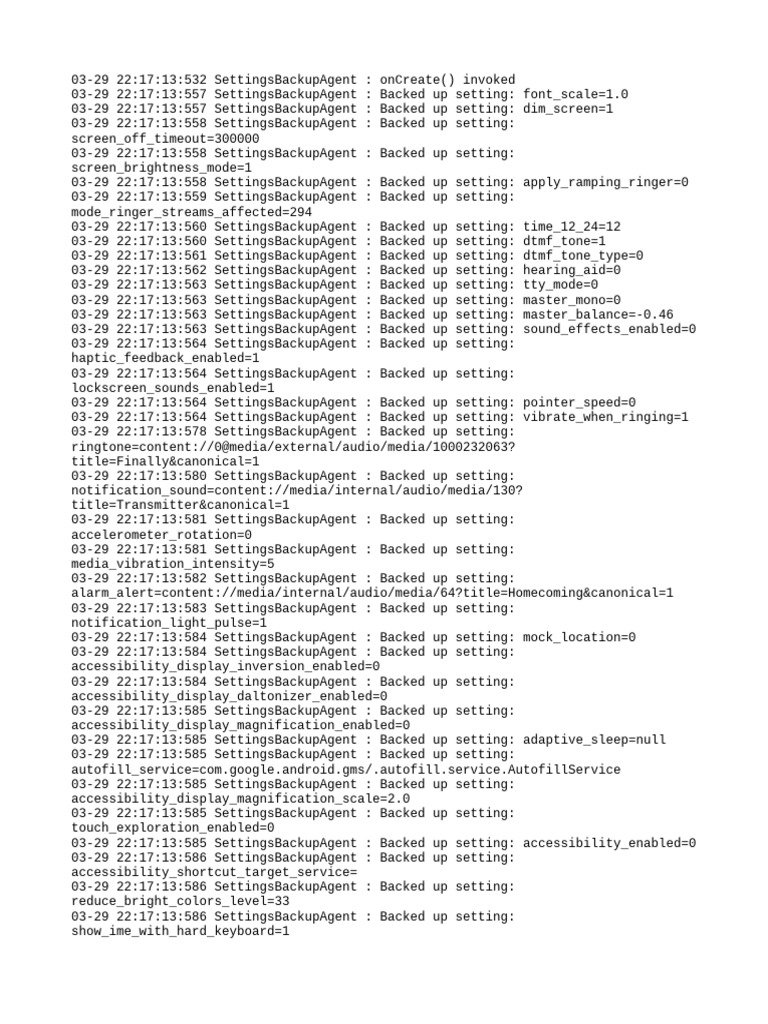 Android Settings Backup Log | PDF | System Software | Computing