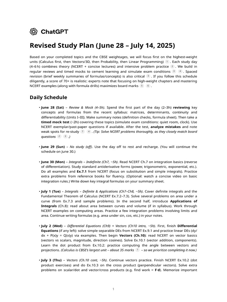 CBSE Class 12 Math Study Plan 2025 | PDF | Integral | Euclidean Vector