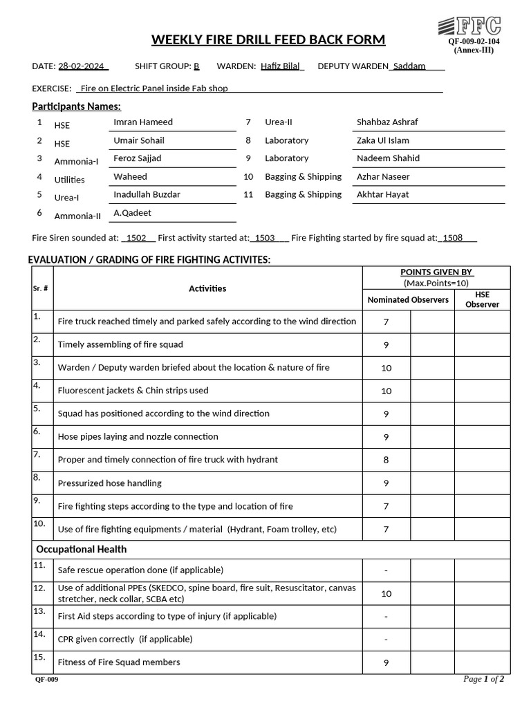 Fire Drill Feedback Form Feb 28 2024 Pdf Occupational Safety And 