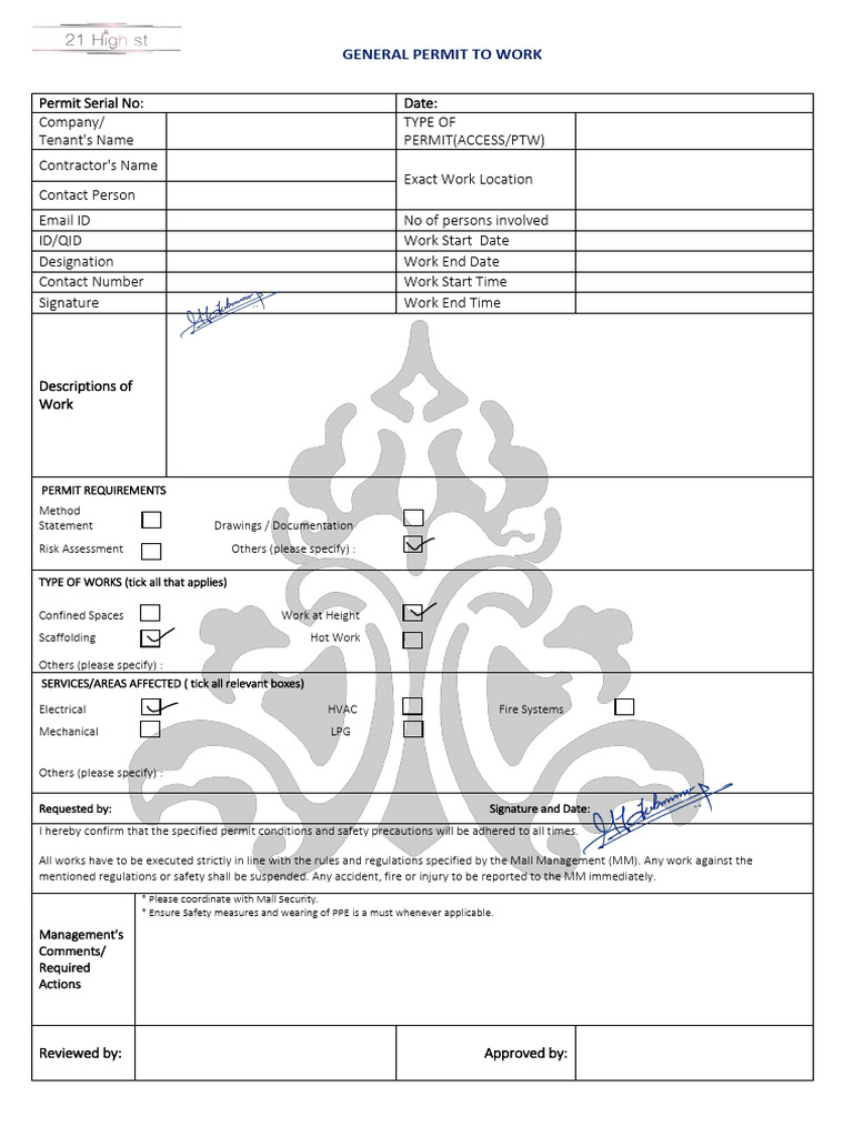 General Permit to Work Template | PDF | Safety