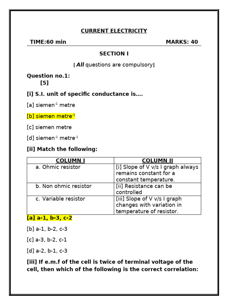 Current Electricity Exam Questions | PDF | Series And Parallel Circuits ...