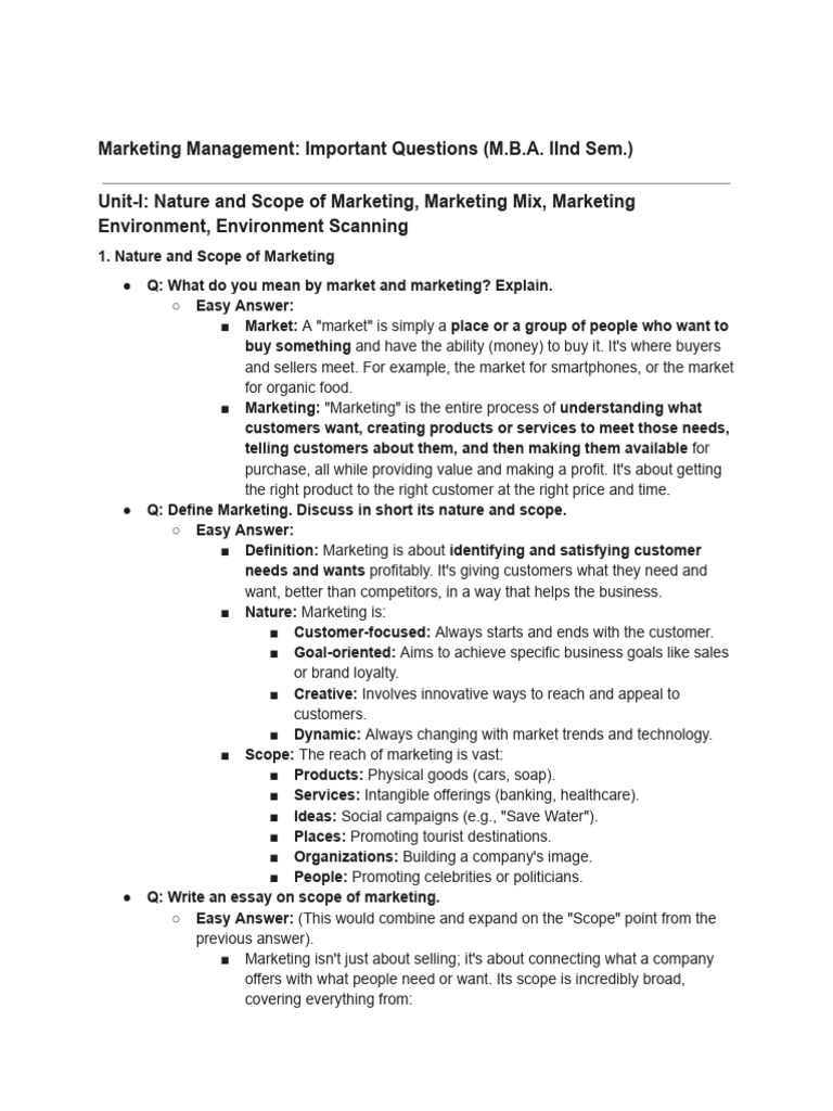 Marketing Management - Important Questions (M | PDF | Marketing ...