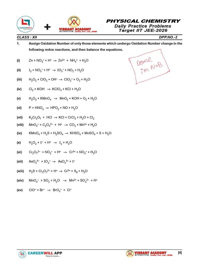 Redox Reaction Practice for IIT JEE | PDF