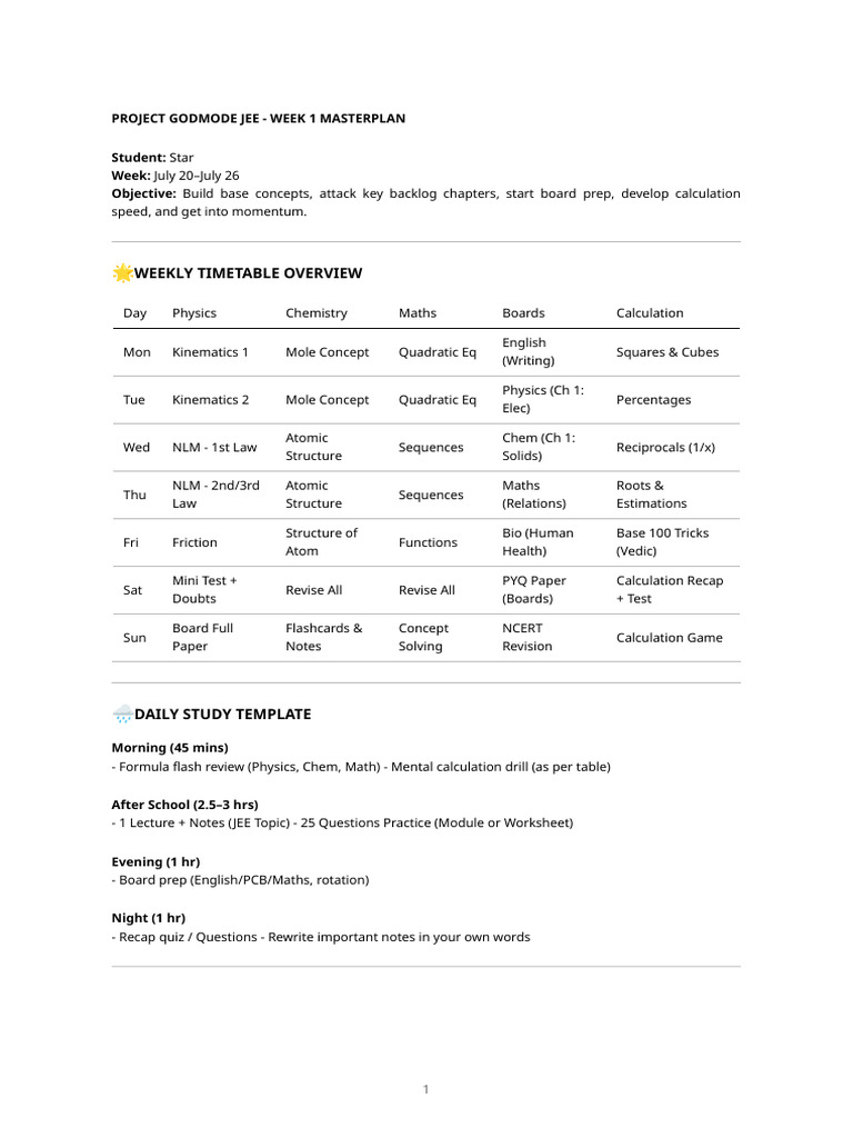 JEE Week 1 Study Plan & Goals | PDF | Physics | Mathematics