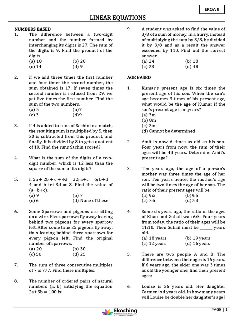 EKQA 9: Linear Equations Practice | PDF