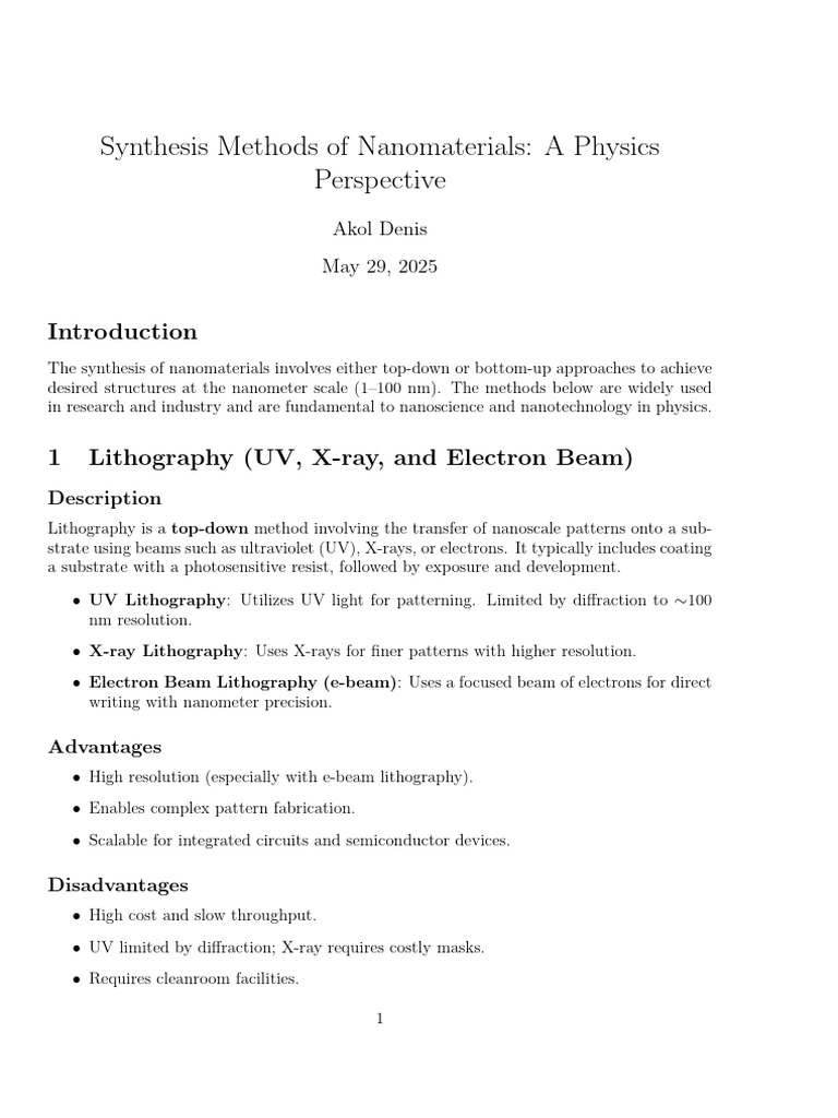 Nanomaterial Synthesis Methods Explained | PDF | Photolithography ...