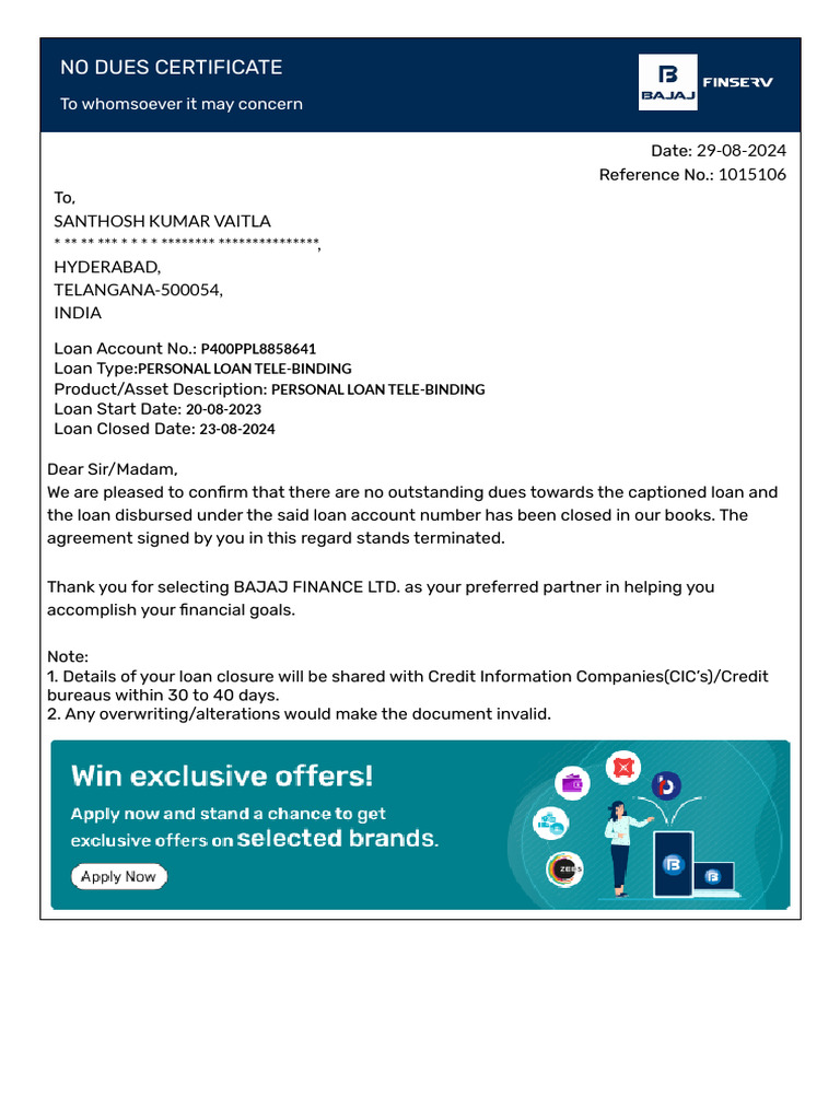 Personal Loan Closure Letter | PDF | Financial Services | Banking ...