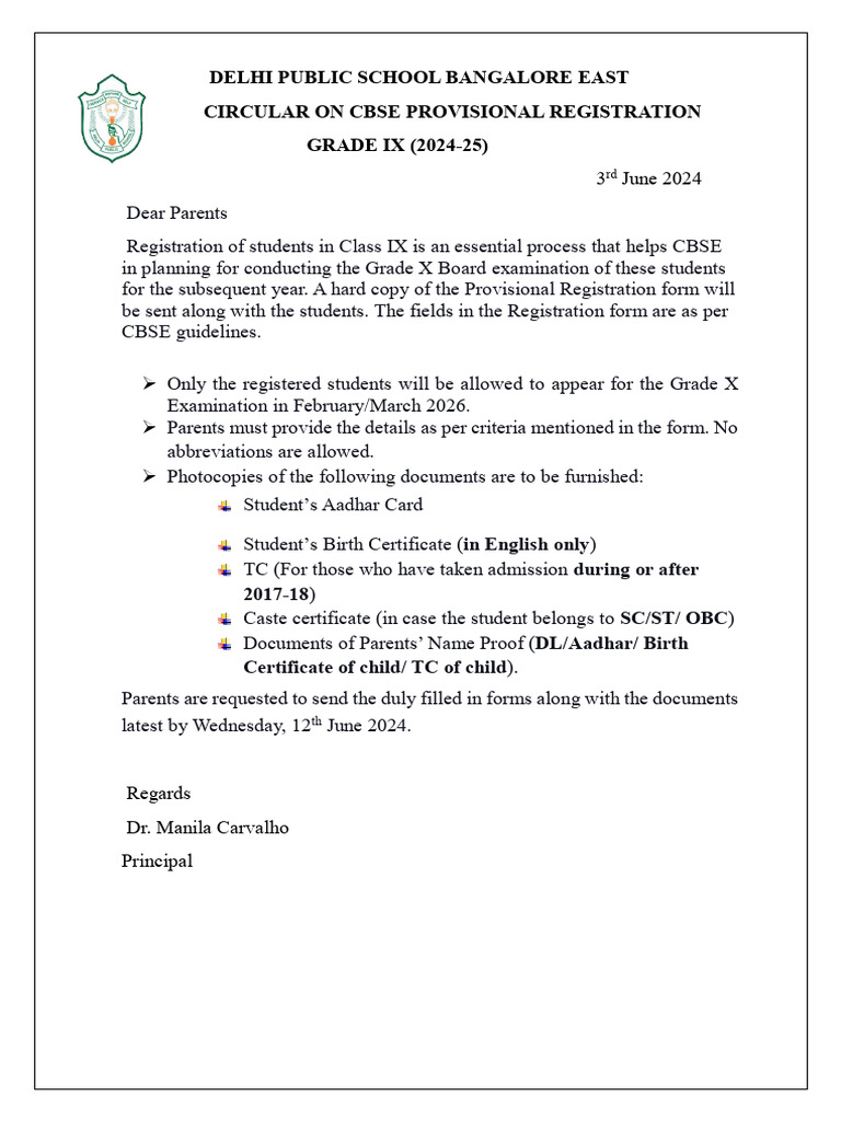 CBSE Provisional Registration for Grade IX | PDF