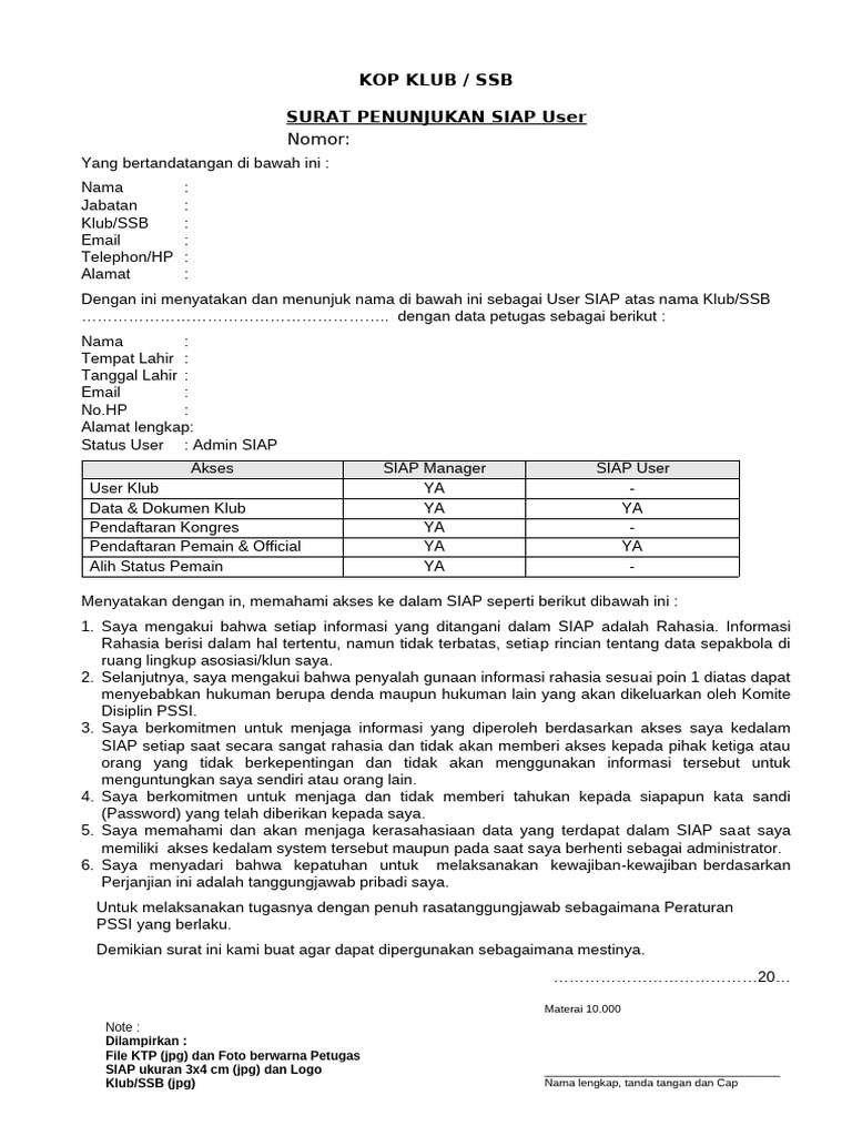 Surat Penunjukan User SIAP Klub/SSB | PDF