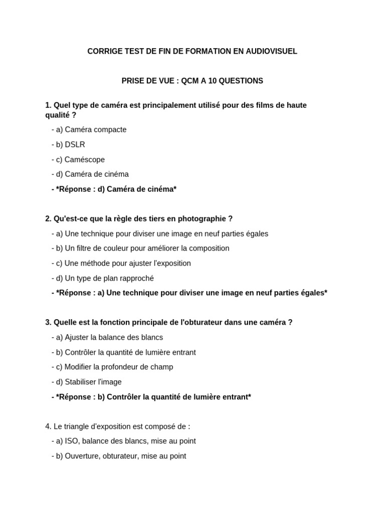 QCM Test de Fin de Formation Audiovisuel | PDF | Microphone | Appareil ...