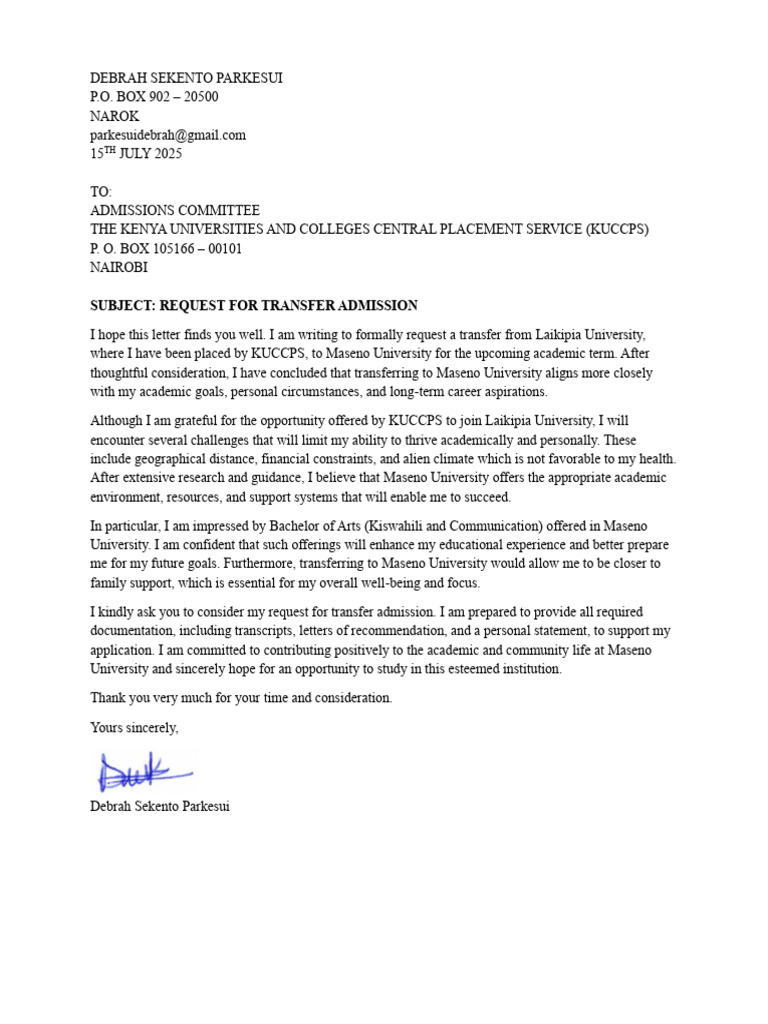 Transfer Request to Maseno University | PDF