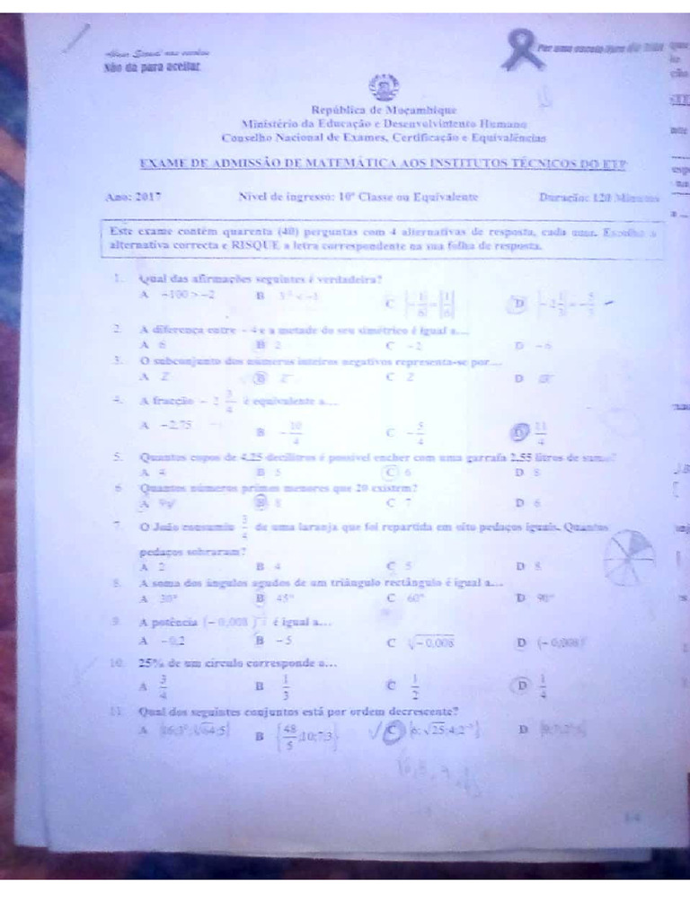 Exame de Matemática Ao ETP 2017 | PDF
