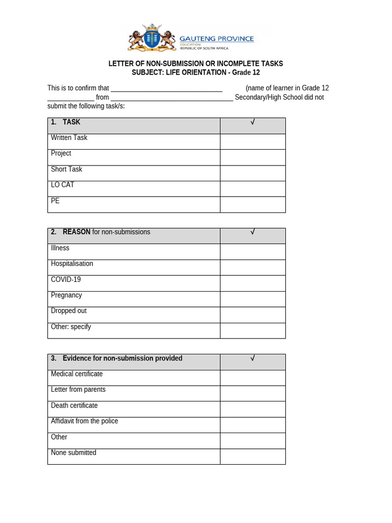 LO Letter of Non Submission or Incomplete Tasks 2020 | PDF