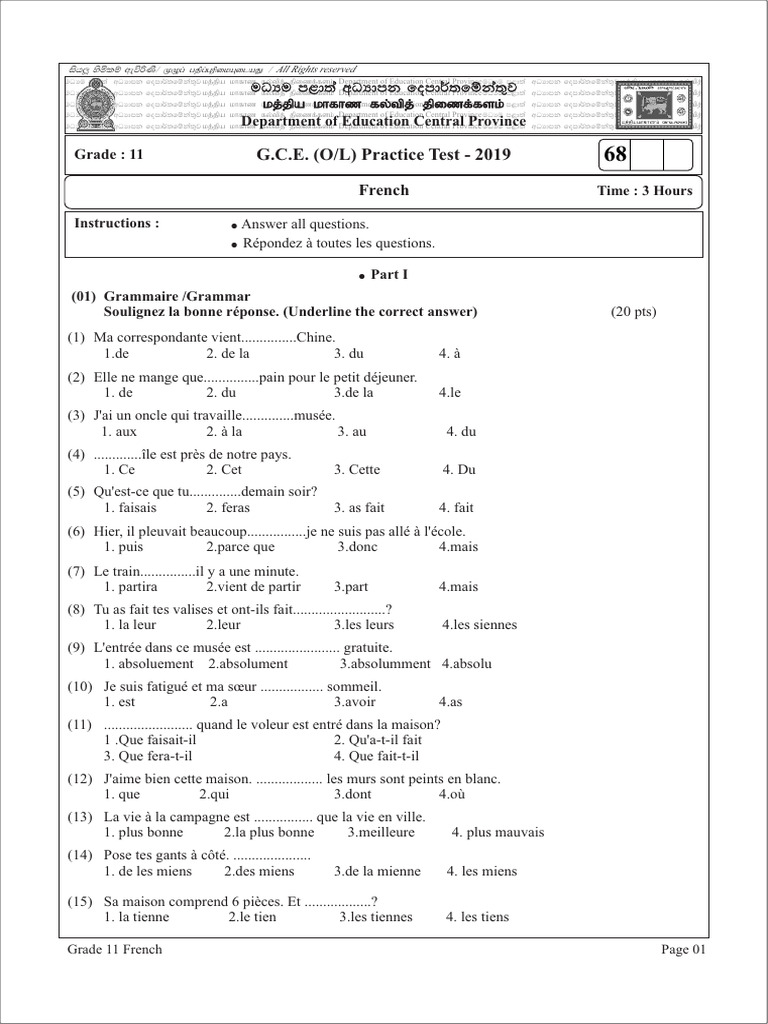 Test de français pour la 11e année | PDF