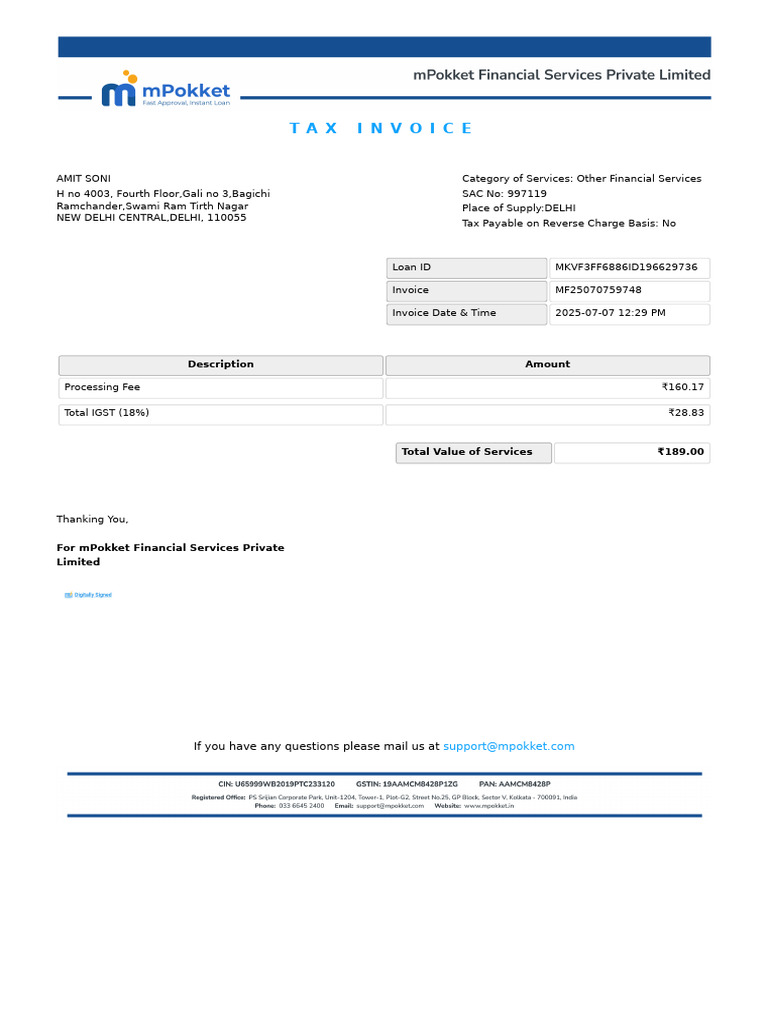 Loan Invoice for mPokket Services | PDF