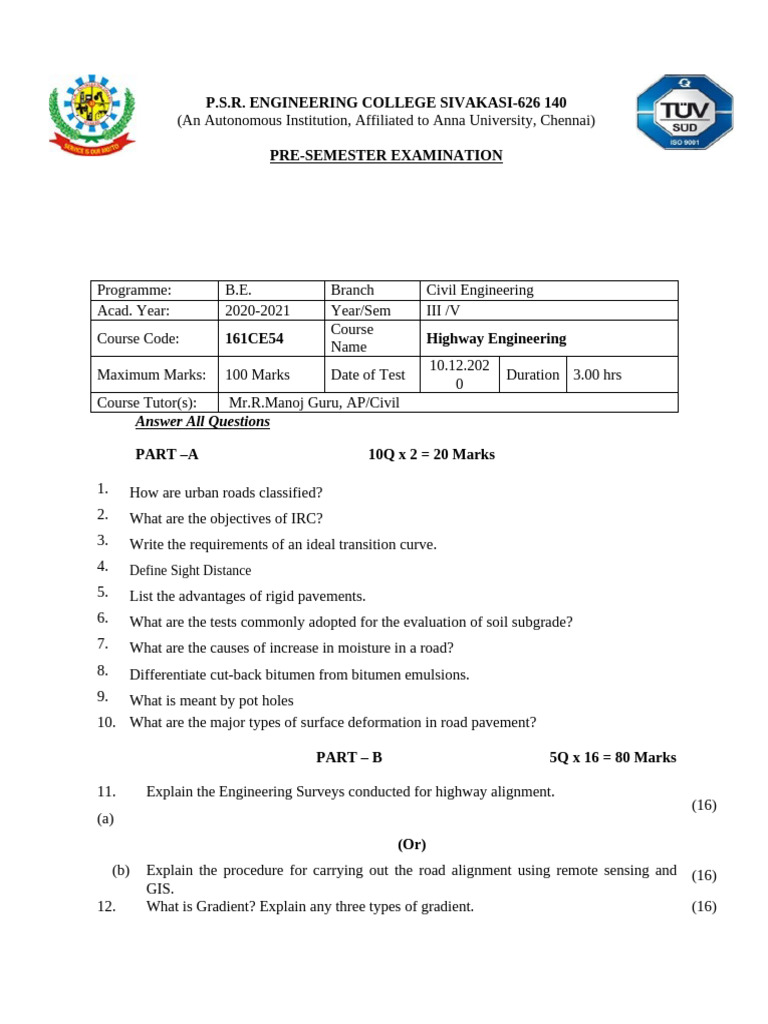 Highway Engineering Exam Paper 2020-21 | PDF | Road Surface | Road