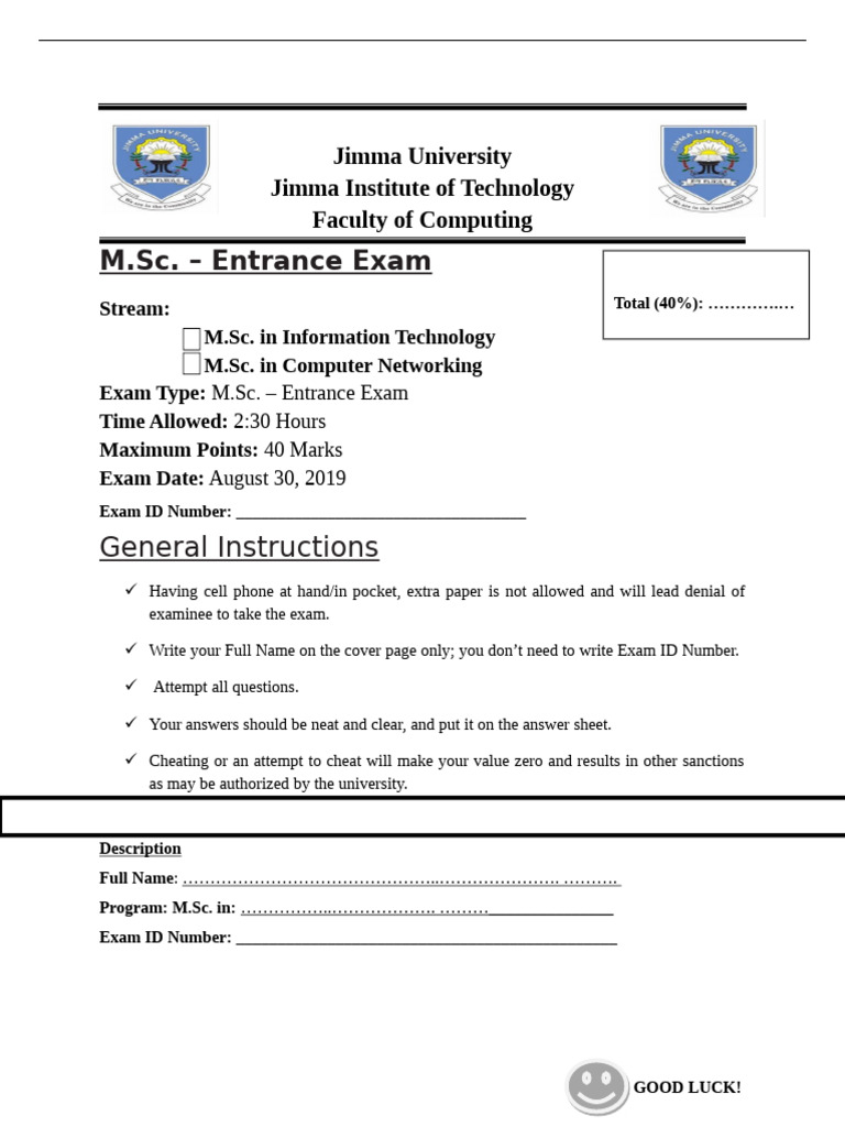 2019 M SC in Information Technology IT, Computer Networking Entrance ...