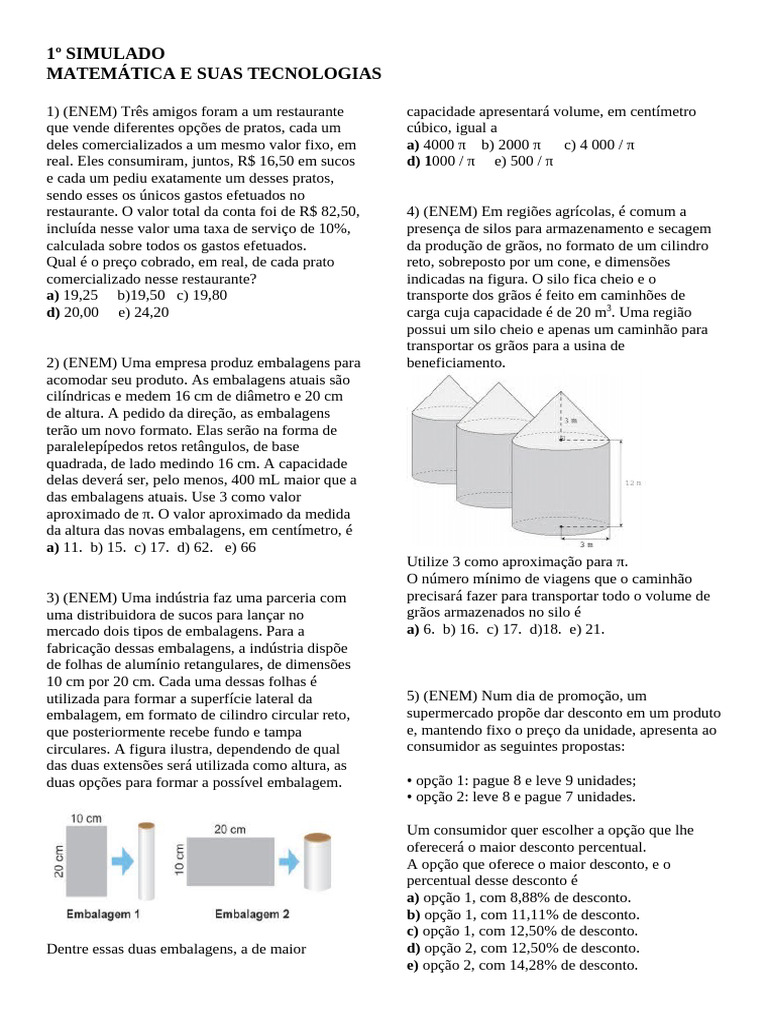Simulado de Matemática ENEM: Questões e Respostas | PDF | Cães | Metro