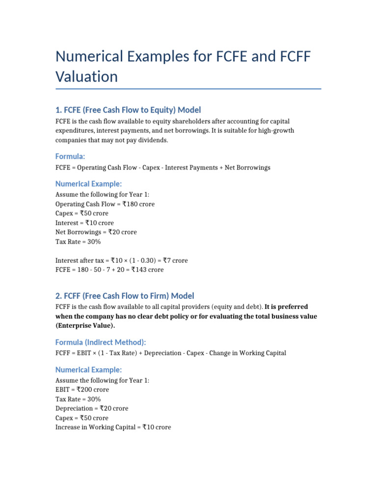 FCFE and FCFF Numerical Examples | PDF