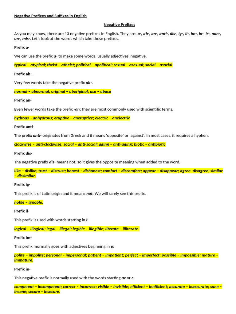 Negative Prefixes and Suffixes Overview | PDF | Syntax | Linguistic ...