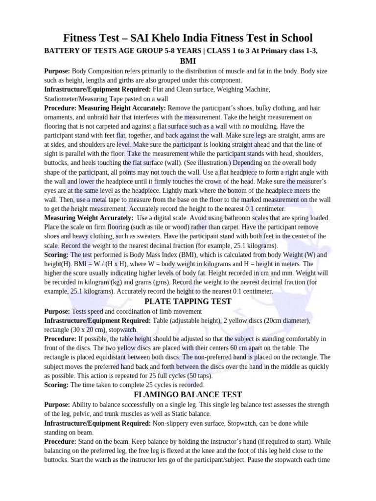 Khelo India Fitness Test Guidelines | PDF | Chair