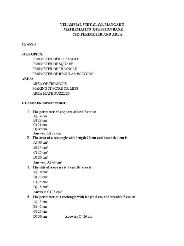 Class 6 Perimeter and Area Questions | PDF | Area | Length
