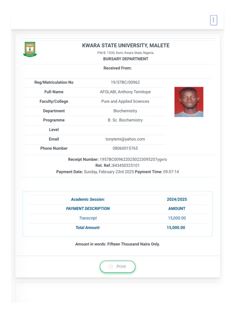 KWARA STATE UNIVERSITY Transcript Payment Receipt | PDF