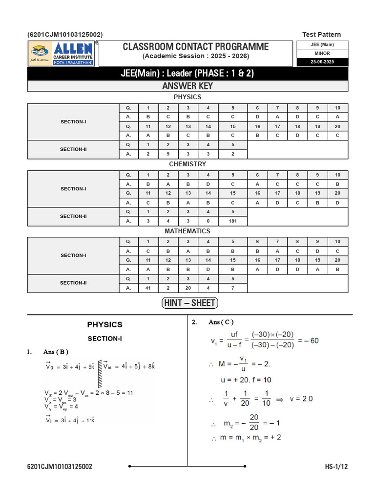 JEE Main 2026 Answer Key and Solutions | PDF | Physics | Physical Sciences