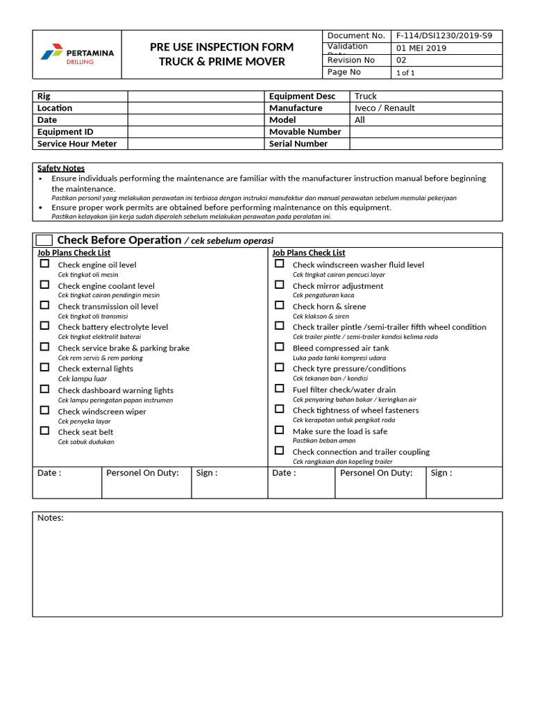 Truck Pre-Use Inspection Checklist | PDF | Motor Vehicle | Vehicles