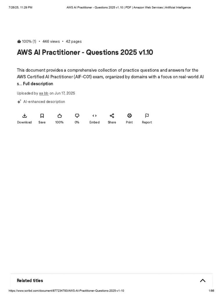 AWS AI Practitioner Exam Questions 2025 | PDF | Amazon Web Services ...