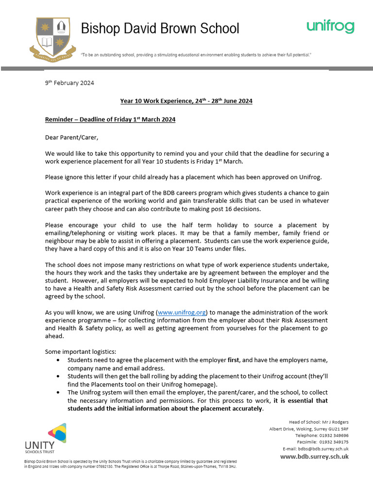 Year 10 Work Experience Reminder 2024 | PDF