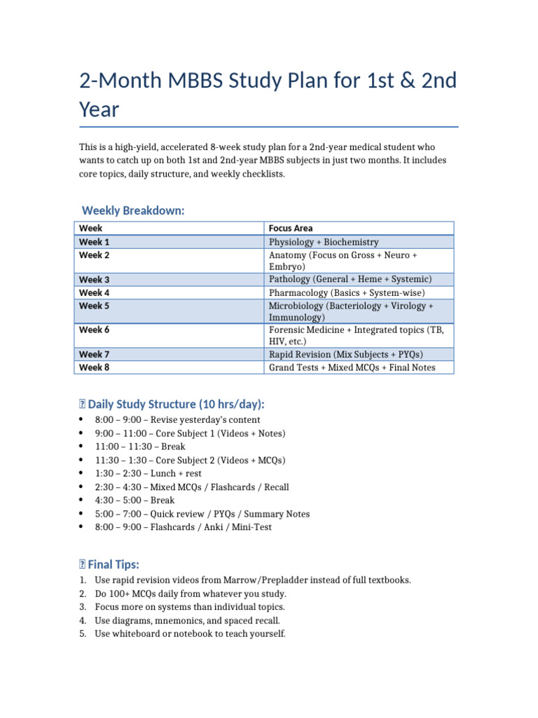 2-Month MBBS Study Plan Overview | PDF