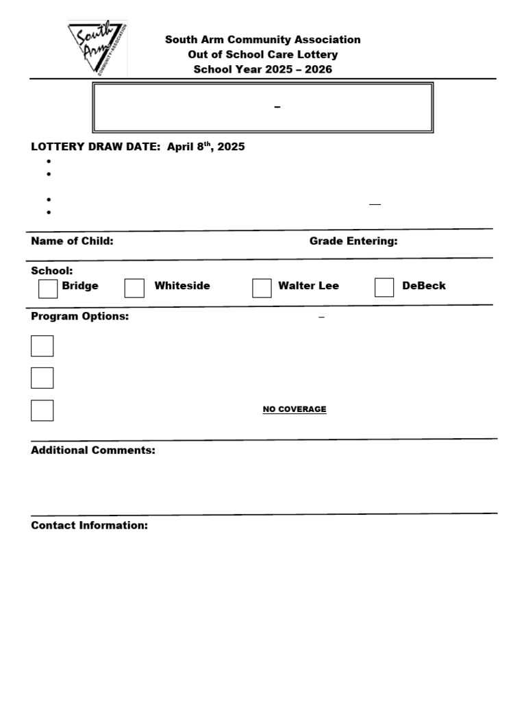 South Arm Out of School Care Lottery Form 2025-202675500 | PDF