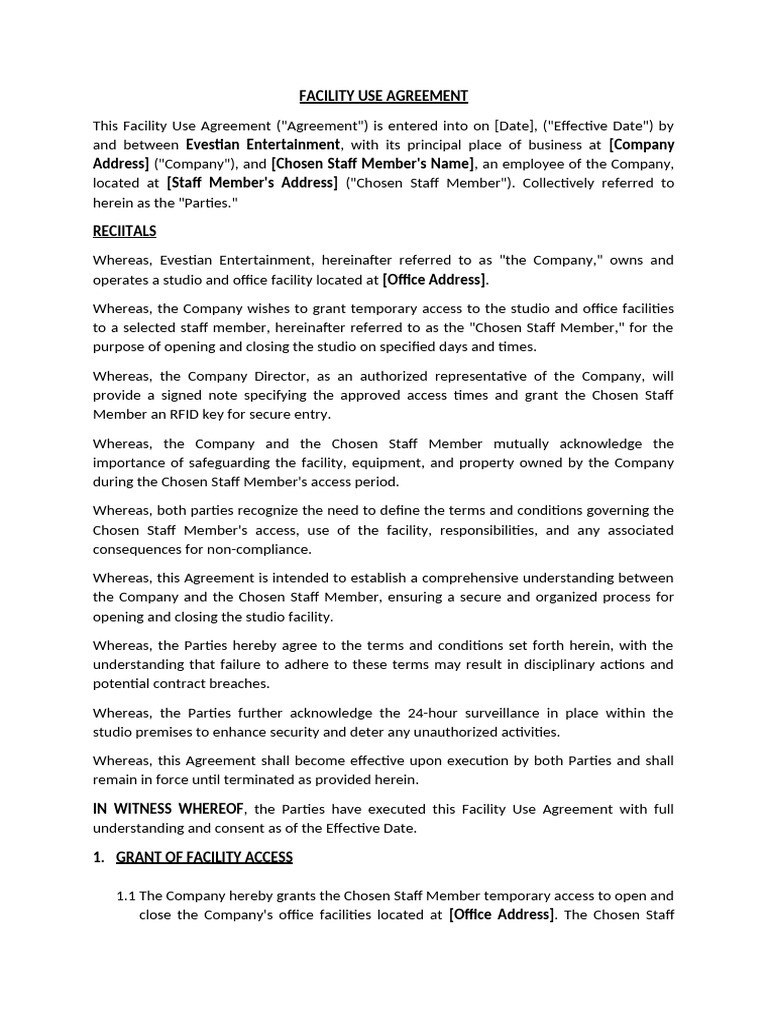 Evestian Facility Use Agreement | PDF | Regulatory Compliance | Damages