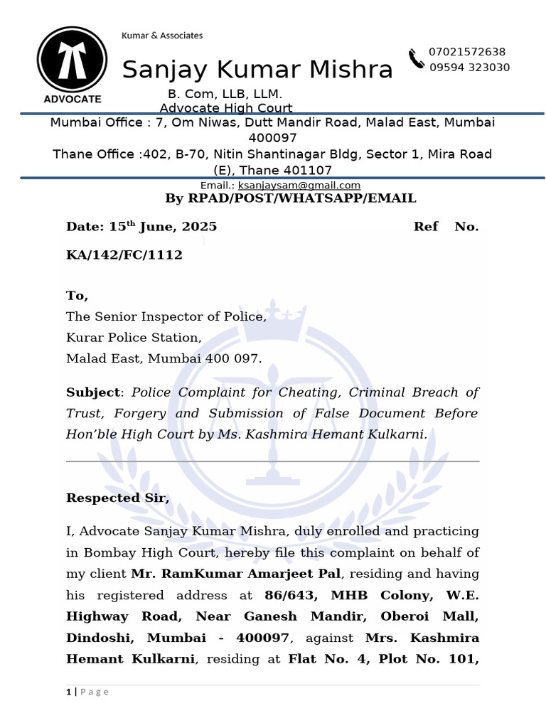 Police Complaint for Cheating & Forgery | PDF | Forgery | Common Law