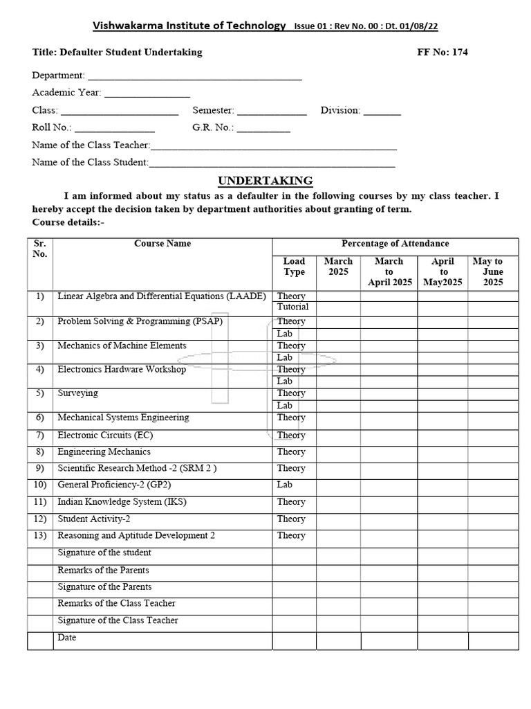 Defaulter Student Undertaking Form | PDF | Algebra | Equations