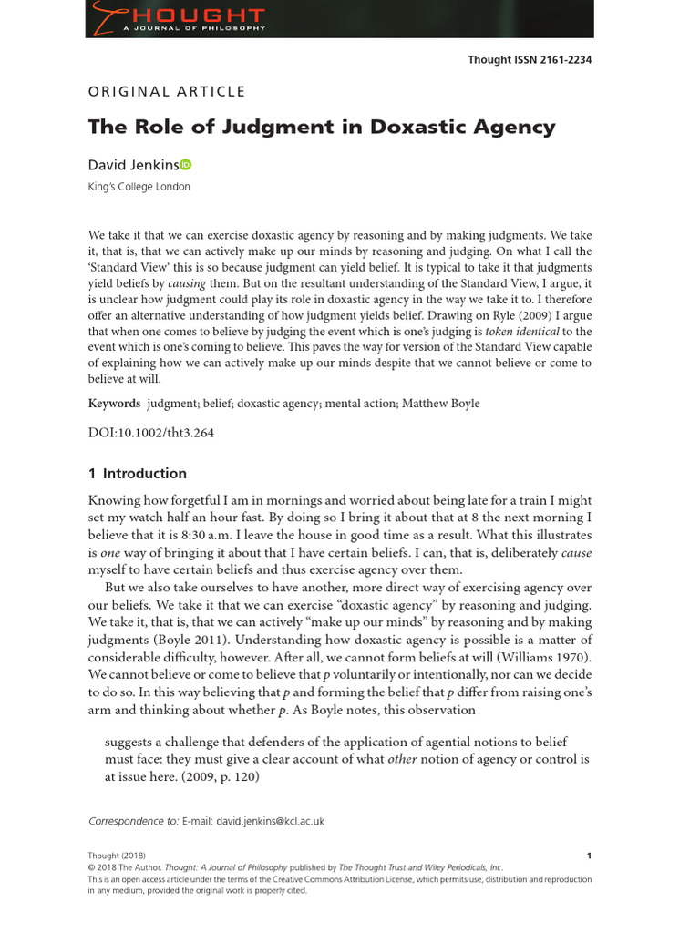 The Role of Judgment in Doxastic Agency | PDF | Reason | Thought