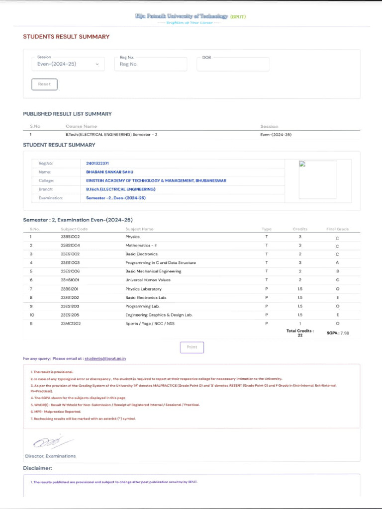 BPUT Results - Bhabani Sankar Sahoo | PDF | Engineering